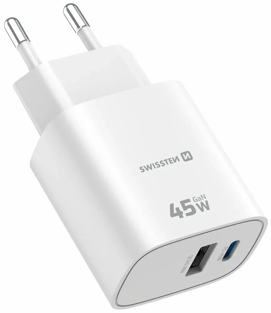 Swissten Síťový Adaptér Edge GaN 1x USB-C PD 45W + 1x USB-A 18W QC Bílý