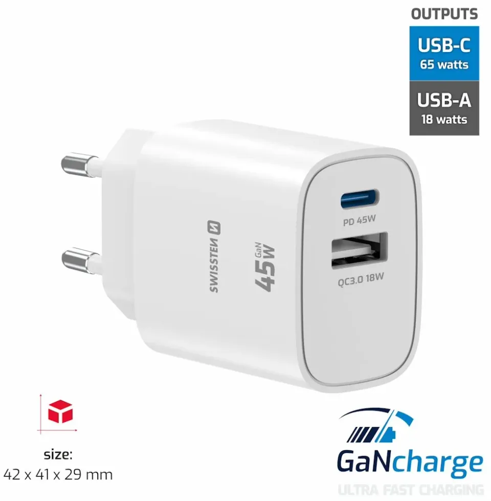 Swissten Síťový Adaptér Edge GaN 1x USB-C PD 45W + 1x USB-A 18W QC Bílý