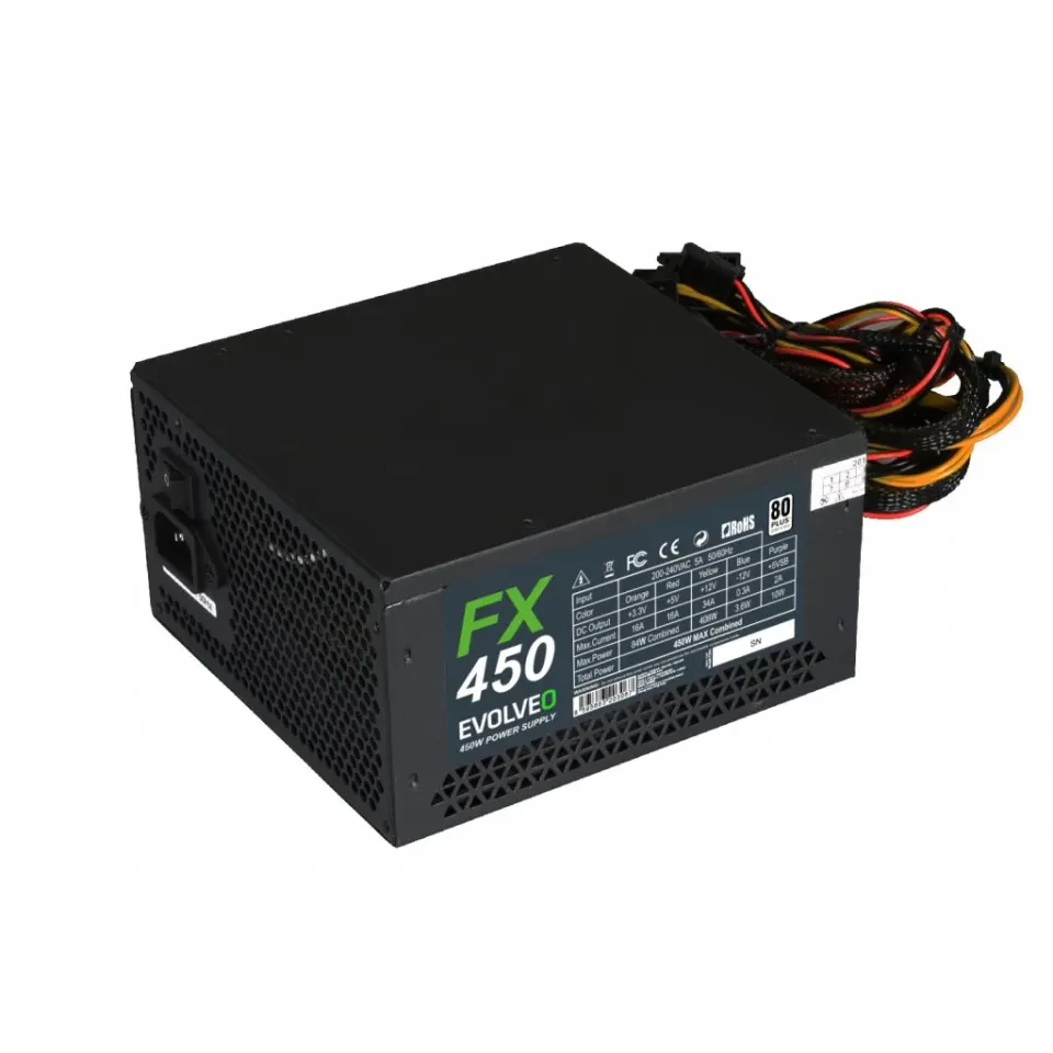 EVOLVEO FX 450, zdroj 450W, 80+ White, ATX 2.2, 1× PCIe, aPFC, tichý 140mm venti