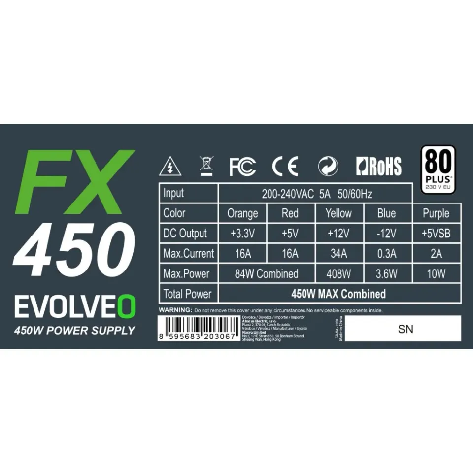 EVOLVEO FX 450, zdroj 450W, 80+ White, ATX 2.2, 1× PCIe, aPFC, tichý 140mm venti