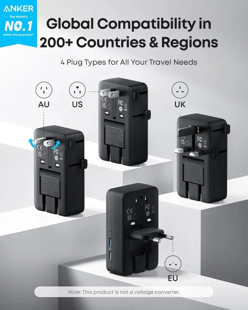 Anker Nano cestovní adaptér/ 5v1/ 20W/ 2x USB-C/ 2x USB/ UK/US/AU/EU/ černý