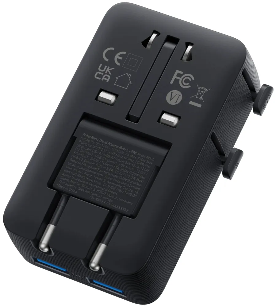 Anker Nano cestovní adaptér/ 5v1/ 20W/ 2x USB-C/ 2x USB/ UK/US/AU/EU/ černý