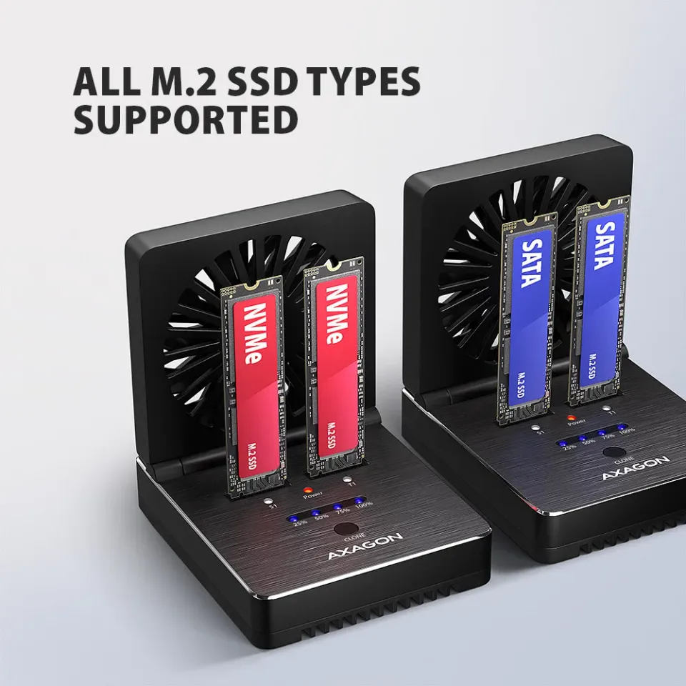 AXAGON ADSA-M2C22, USB-C 20Gbps dokovací stanice pro 2× M.2 NVMe/SATA SSD s funk
