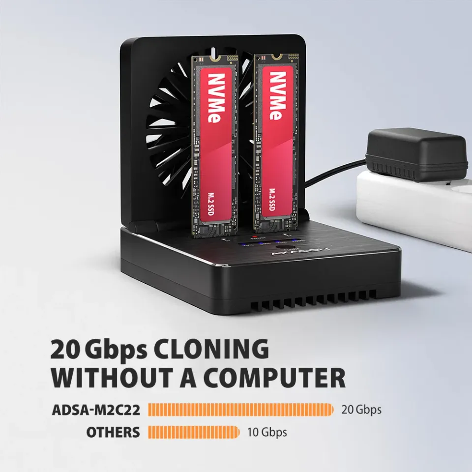 AXAGON ADSA-M2C22, USB-C 20Gbps dokovací stanice pro 2× M.2 NVMe/SATA SSD s funk