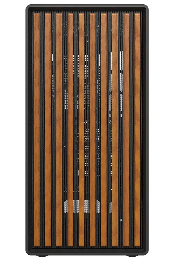 Krux skříň Heliora / ATX / 120mm fan / USB3.0 / USB-C / zaoblená / dřevěný design panelu / černá