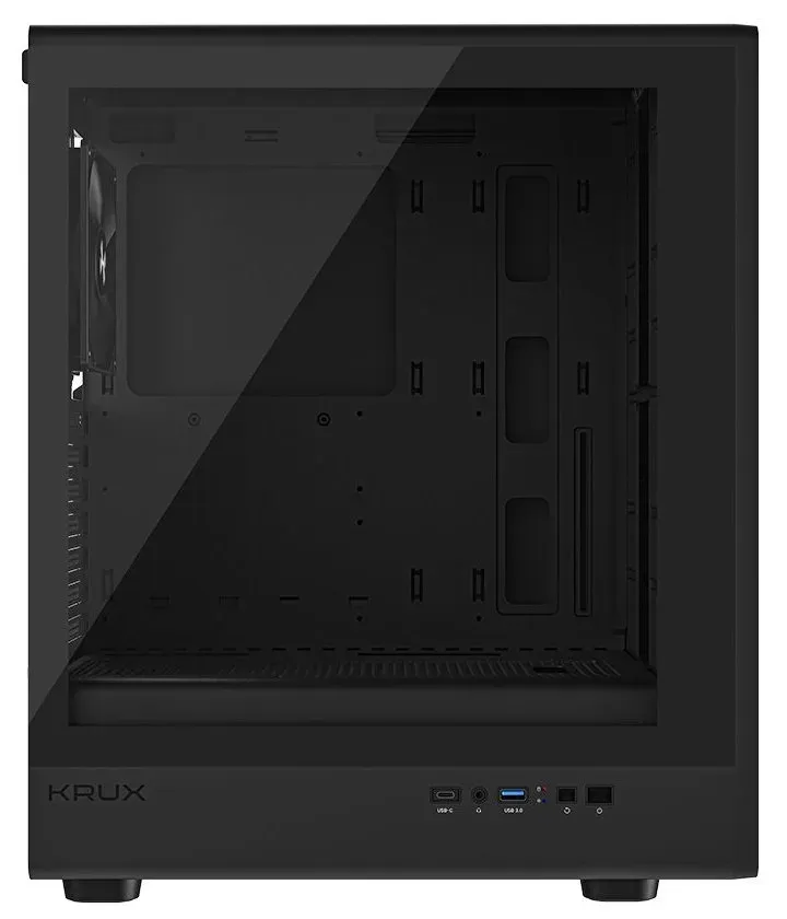 Krux skříň Heliora / ATX / 120mm fan / USB3.0 / USB-C / zaoblená / dřevěný design panelu / černá