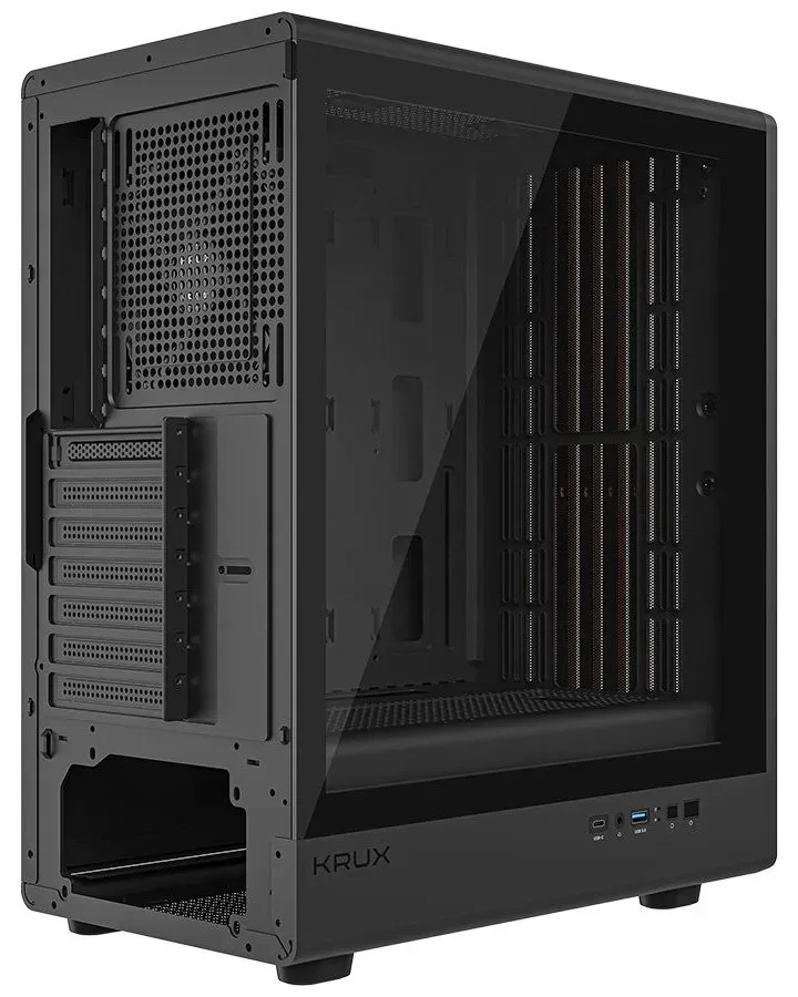 Krux skříň Heliora / ATX / 120mm fan / USB3.0 / USB-C / zaoblená / dřevěný design panelu / černá