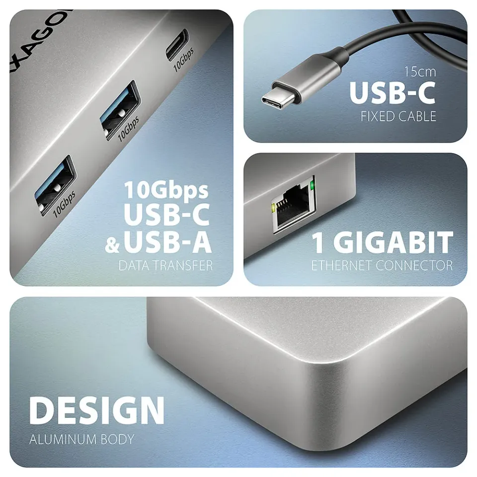 AXAGON HMC-CUB83X2, USB 10Gbps hub, 2x USB-A, USB-C, HDMI & DP 4k/144Hz, RJ-45 G