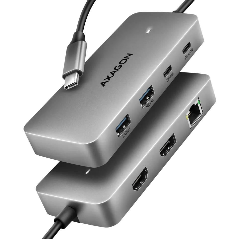 AXAGON HMC-CUB83X2, USB 10Gbps hub, 2x USB-A, USB-C, HDMI & DP 4k/144Hz, RJ-45 G