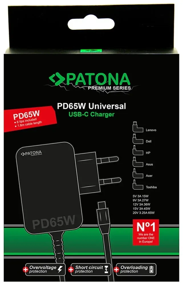 PATONA napájecí adaptér k ntb/ 18,5-20V 65W/ 6 konektorů/ UNI/ USB-C/ Power Delivery