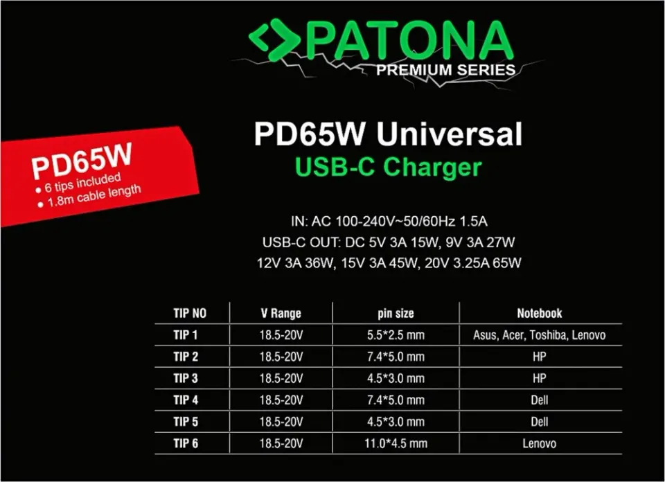 PATONA napájecí adaptér k ntb/ 18,5-20V 65W/ 6 konektorů/ UNI/ USB-C/ Power Delivery