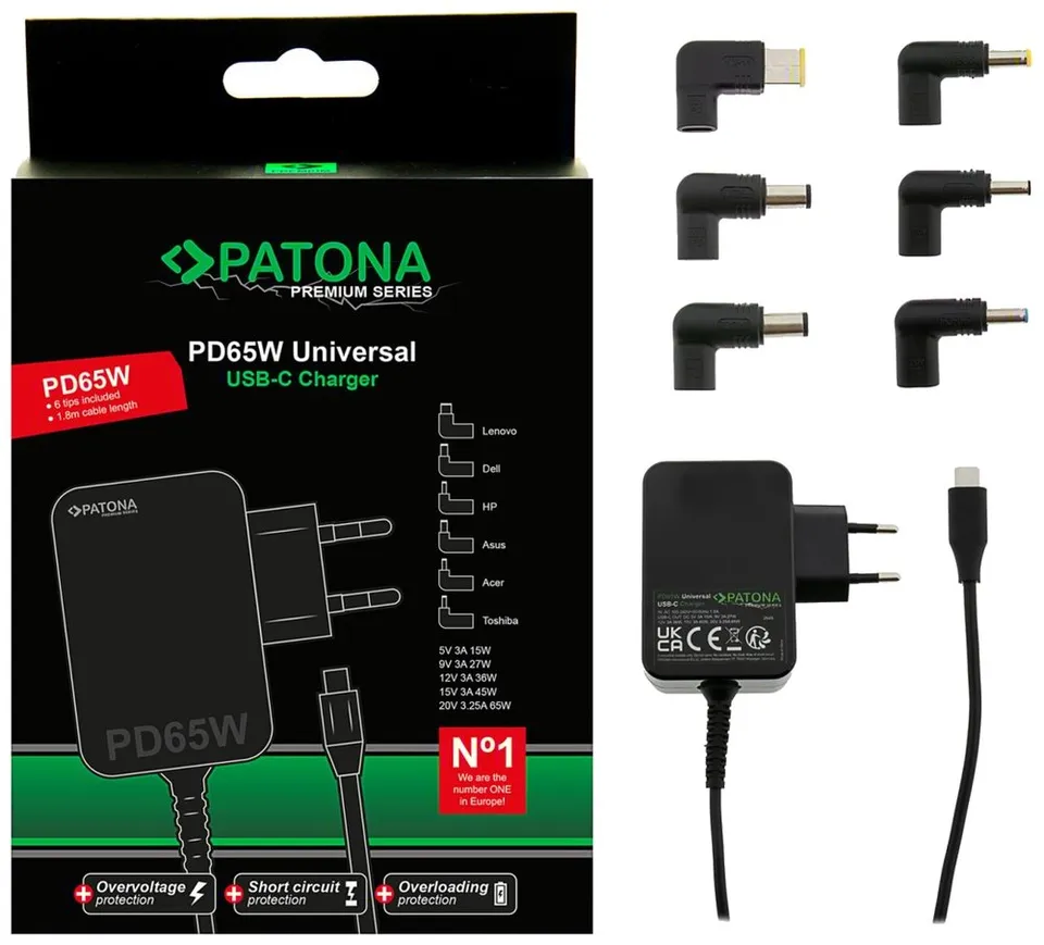 PATONA napájecí adaptér k ntb/ 18,5-20V 65W/ 6 konektorů/ UNI/ USB-C/ Power Delivery