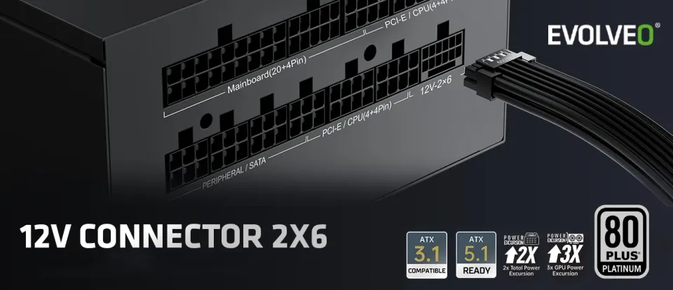EVOLVEO P1200 zdroj 1200W, 80+ PLATINUM, ATX 3.1, PCIe 5.1, aPFC, 140 mm ventilá