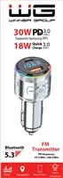 WG - Nabíječka do auta, Transmitter FM, USB-A QC 3.0 18W + USB-C PD 30W, stříbrná
