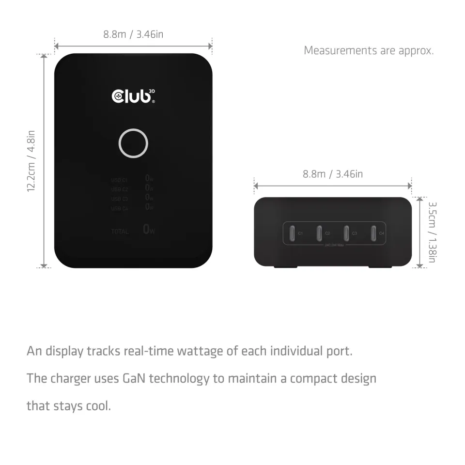 Club3D nabíječka 240W Charging Station GaN, 4xUSB-C, PPS + PD 3.1 Support + Led Display