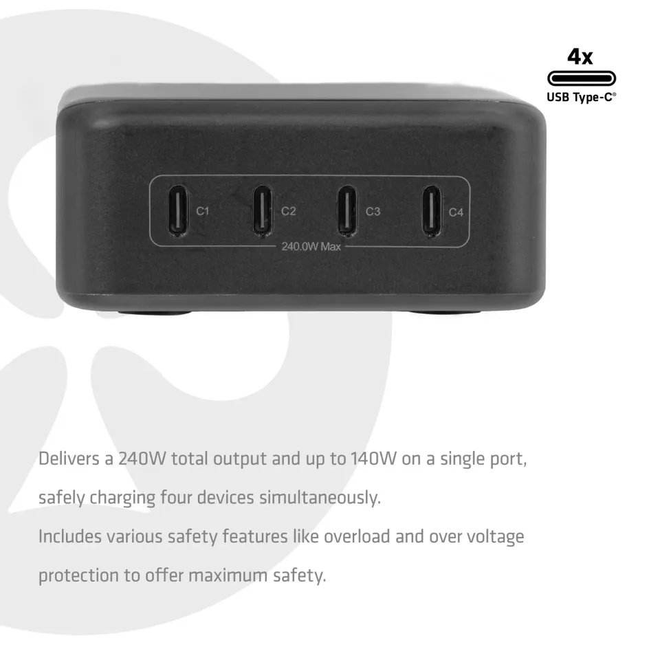 Club3D nabíječka 240W Charging Station GaN, 4xUSB-C, PPS + PD 3.1 Support + Led Display