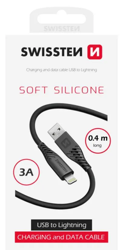 SWISSTEN DATOVÝ KABEL SOFT SILICONE USB-A / LIGHTNING 0,4 M ČERNÝ