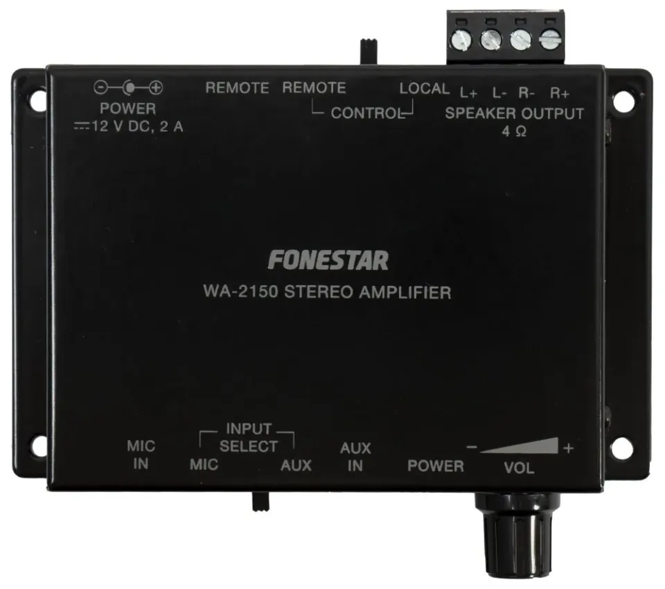 Fonestar Nástěnný stereo zesilovač Class D 2×15 W/4ohm, Mic + AUX, ocelové pouzdro, 12 V DC adaptér