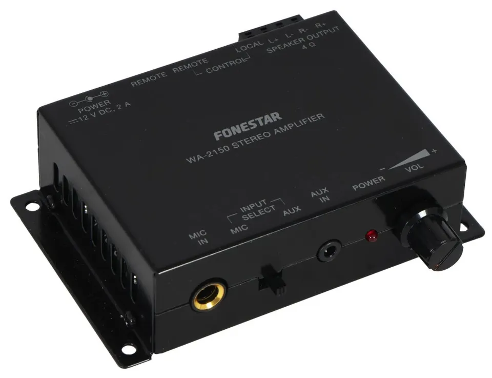 Fonestar Nástěnný stereo zesilovač Class D 2×15 W/4ohm, Mic + AUX, ocelové pouzdro, 12 V DC adaptér