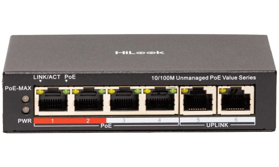 HiLook Powered by HIKVISION switch NS-0106P-45(B)/ 4x port/ 10/100 Mbps RJ45 ports PoE / 2x 100 Mbps uplink