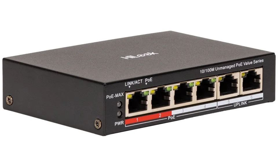 HiLook Powered by HIKVISION switch NS-0106P-45(B)/ 4x port/ 10/100 Mbps RJ45 ports PoE / 2x 100 Mbps uplink