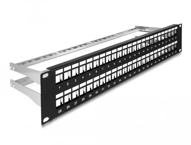 Delock Spojovací panel Keystone, rozměru 19”, 48 portů, s uvolňováním napětí, 2U