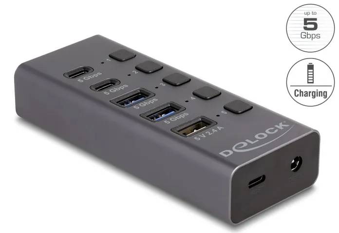 Delock rozbočovač USB 5 Gbps se 2 x USB Typ-A a 2 x zásuvkovými USB Type-C a jed