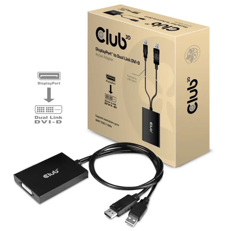 Club3D Adaptér aktivní DisplayPort na Dual Link DVI-D, USB napájení, 60cm, HDCP ON