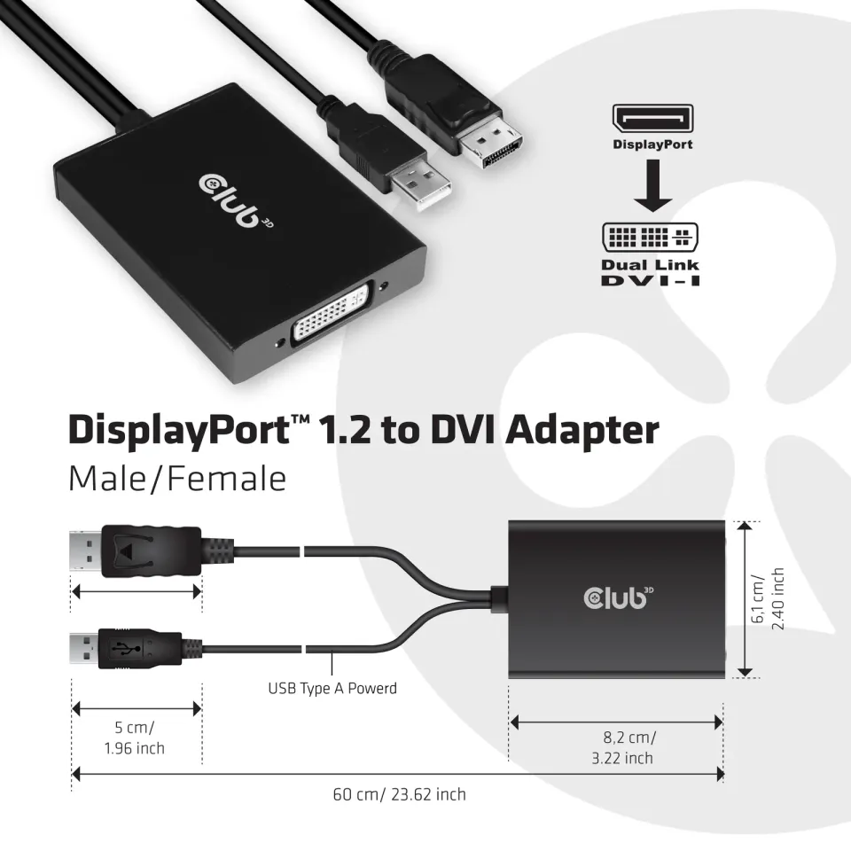 Club3D Adaptér aktivní DisplayPort na Dual Link DVI-D, USB napájení, 60cm, HDCP ON