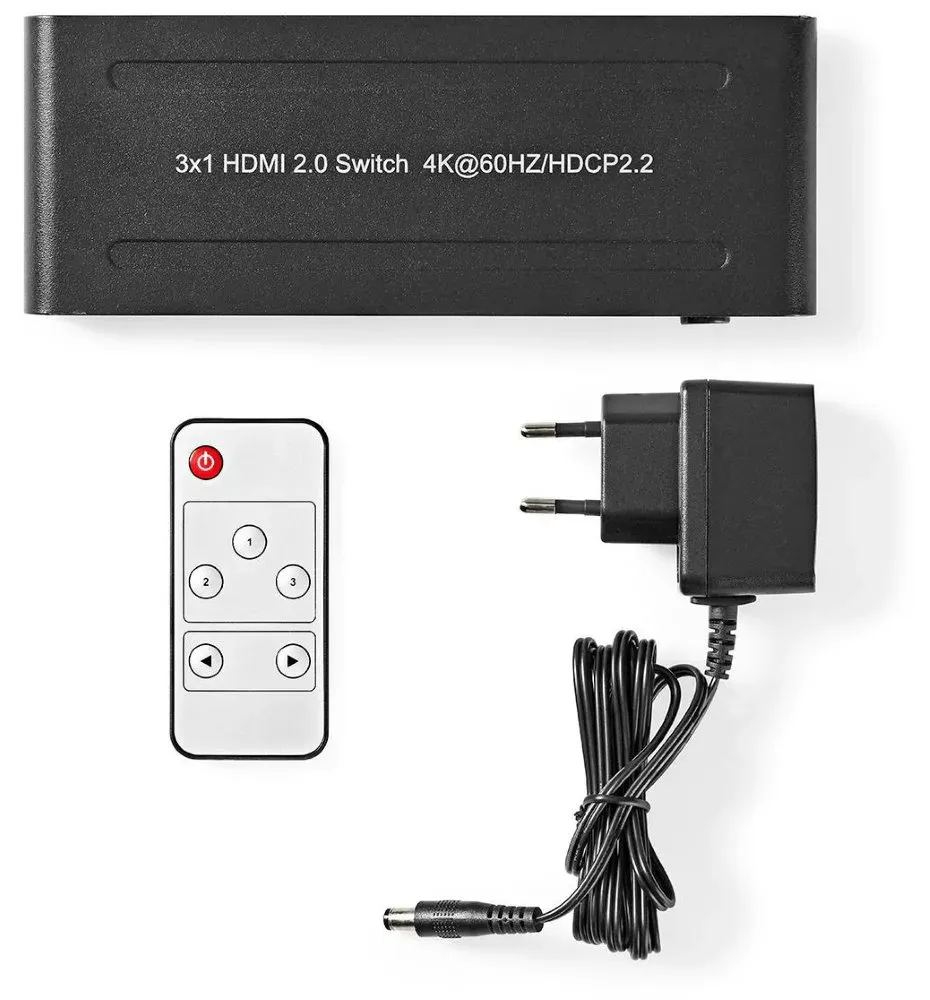 NEDIS HDMI přepínač/ 3x HDMI vstup/ 1x HDMI výstup/ 4K@60Hz/ dálkové ovládání/ box/ kov/ antracit