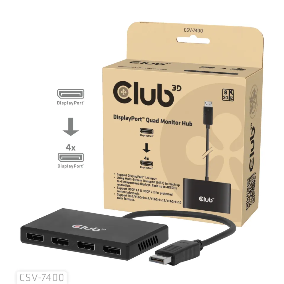 Club3D hub MST (Multi Stream Transport) DisplayPort 1.4 na 4x DisplayPort, Quad monitor, 4x 4K30Hz, 8K30Hz
