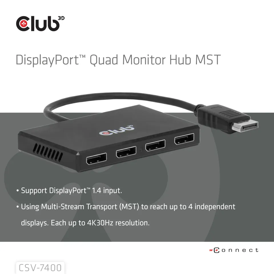 Club3D hub MST (Multi Stream Transport) DisplayPort 1.4 na 4x DisplayPort, Quad monitor, 4x 4K30Hz, 8K30Hz