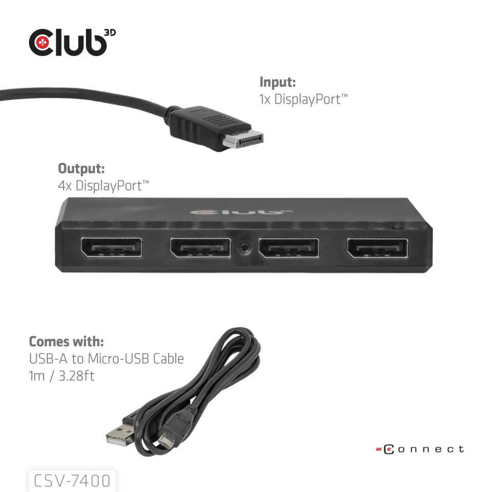 Club3D hub MST (Multi Stream Transport) DisplayPort 1.4 na 4x DisplayPort, Quad monitor, 4x 4K30Hz, 8K30Hz