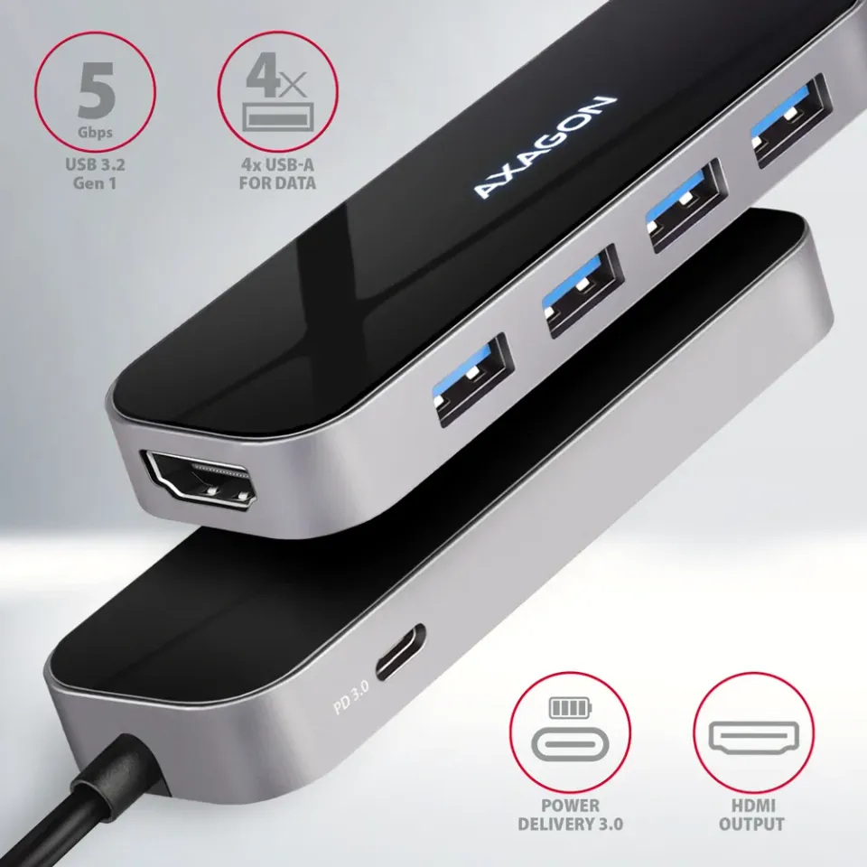 AXAGON HMC-6H4A, USB 3.2 Gen 1 hub, porty 4x USB-A, HDMI 4k/30Hz, PD 100W, kabel