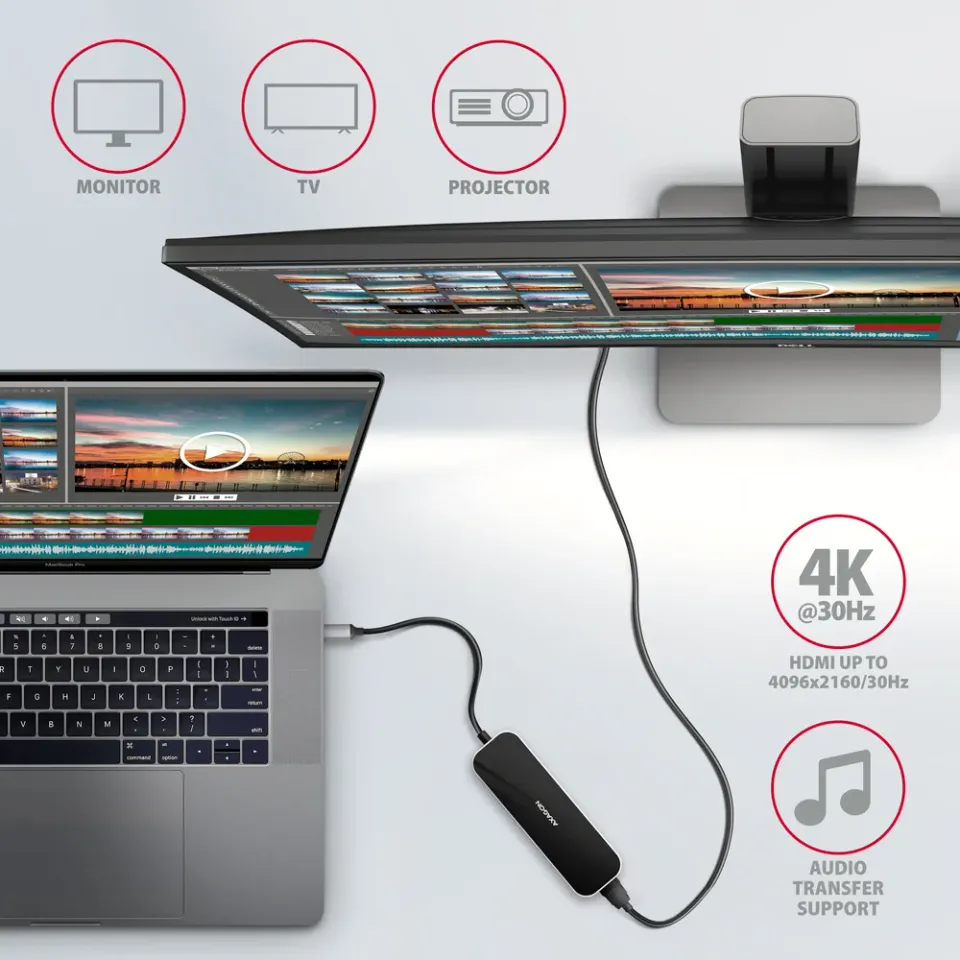 AXAGON HMC-6H4A, USB 3.2 Gen 1 hub, porty 4x USB-A, HDMI 4k/30Hz, PD 100W, kabel