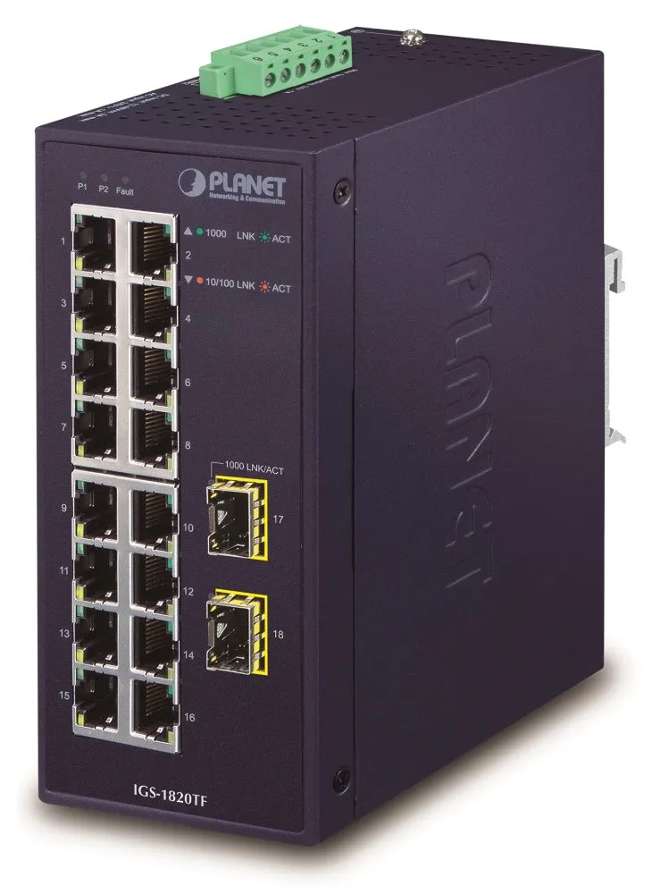 Planet IGS-1820TF Průmyslový Switch 16x1Gb, 2xSFP, dual 12-48VDC/24VAC, -40~+75°C, fanless