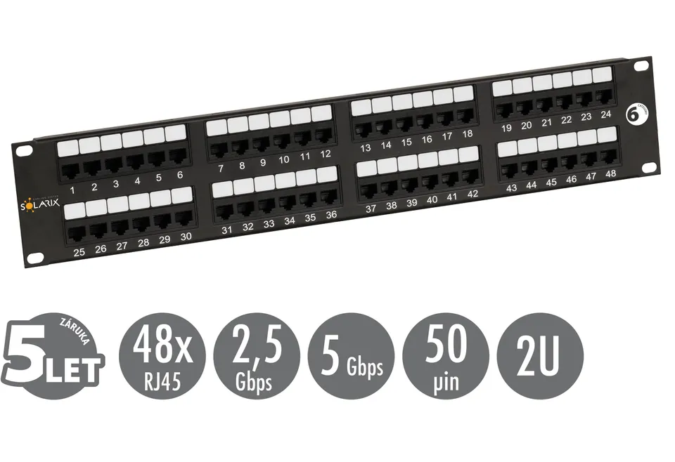 19" patch panel Solarix 48 x RJ45 CAT6 UTP 350 MHz černý 2U SX48-6-UTP-BK