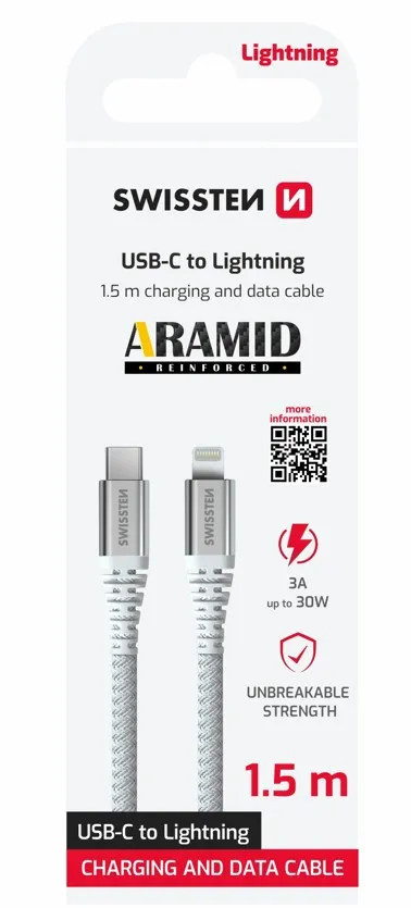 SWISSTEN DATOVÝ KABEL KEVLAR USB-C / LIGHTNING 1,5 M BÍLÝ