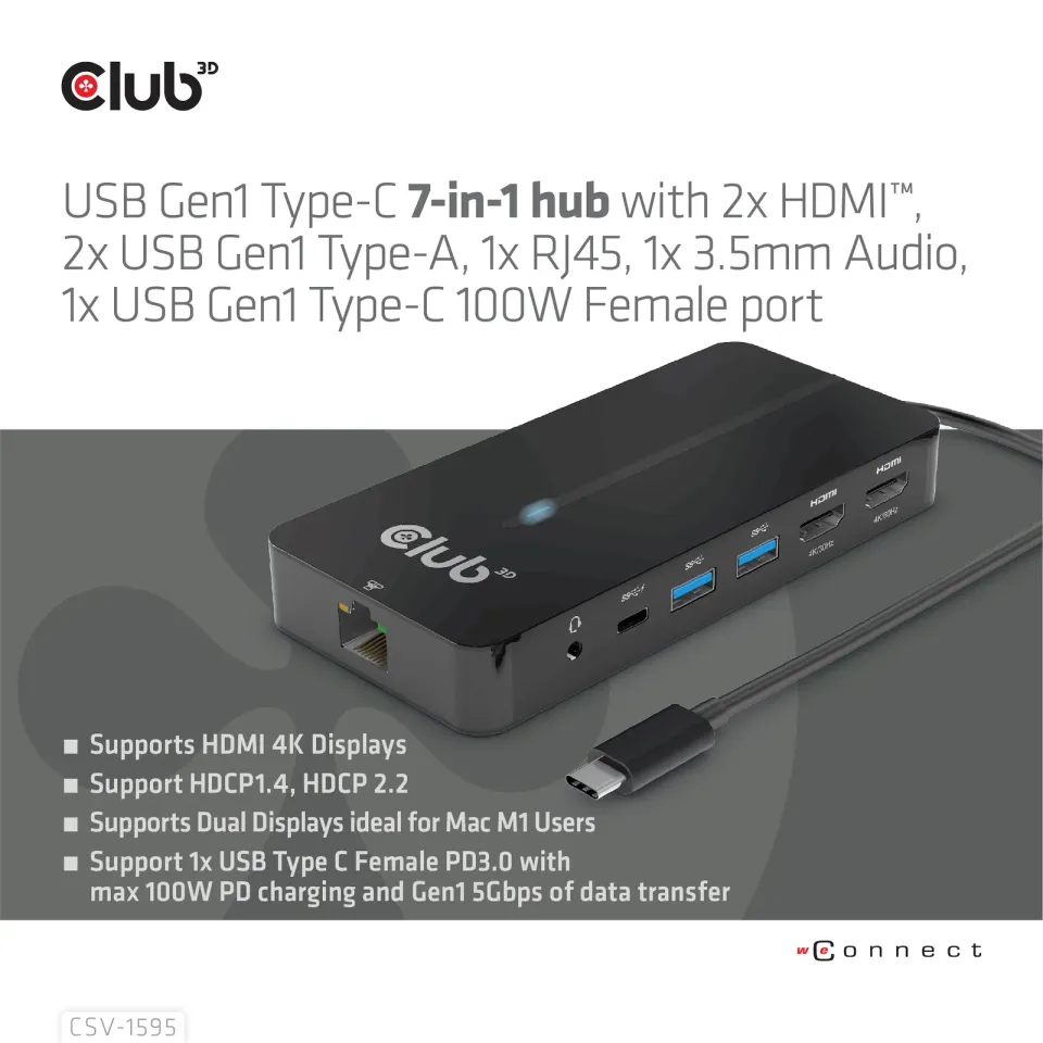 Club3D hub USB-C, 7-in-1 hub s 2x HDMI, 2x USB Gen1 Type-A, 1x RJ45, 1x 3.5mm audio, 1x USB Gen1 Type-C, 100W PD