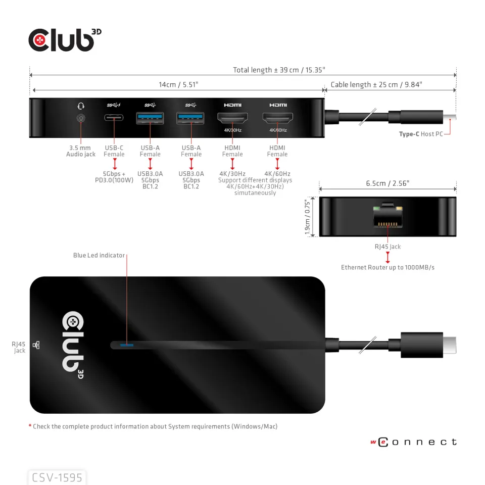 Club3D hub USB-C, 7-in-1 hub s 2x HDMI, 2x USB Gen1 Type-A, 1x RJ45, 1x 3.5mm audio, 1x USB Gen1 Type-C, 100W PD