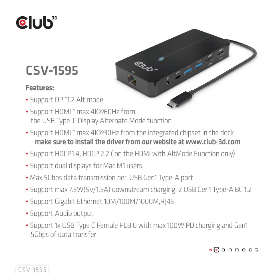Club3D hub USB-C, 7-in-1 hub s 2x HDMI, 2x USB Gen1 Type-A, 1x RJ45, 1x 3.5mm audio, 1x USB Gen1 Type-C, 100W PD