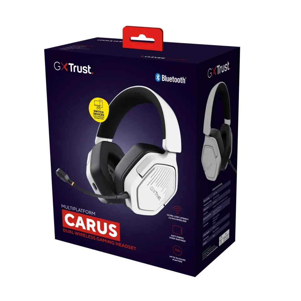 TRUST Herní sluchátka GXT 493W Carus, Bluetooth, 2.4GHz, bílá
