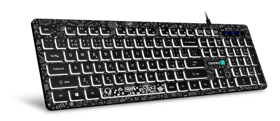 CONNECT IT DOODLE kancelářská drátová bíle podsvícená USB klávesnice, CZ + SK ve