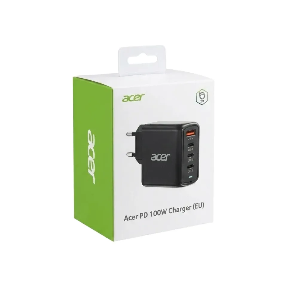 ACER Adapter 100W PD GaN charger,USB-C,USB-A,EU plug,Black