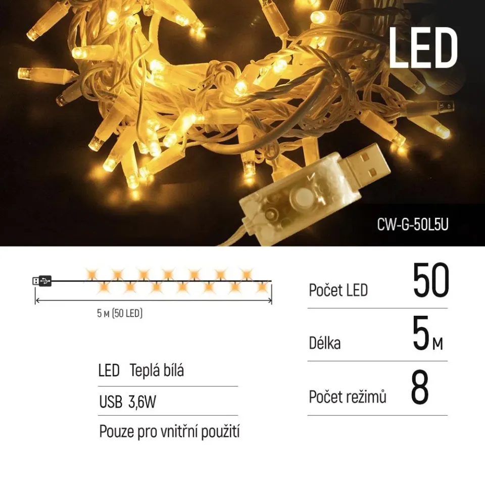 COLORWAY LED řetěz/ vnitřní / 50 LED / délka 5m / teplá bílá/ 8 funkcí/ napájení USB