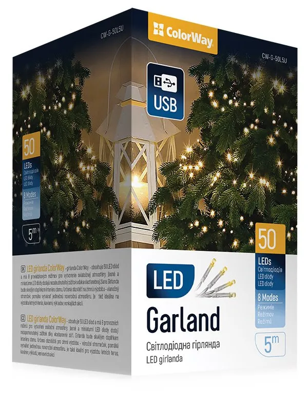 COLORWAY LED řetěz/ vnitřní / 50 LED / délka 5m / teplá bílá/ 8 funkcí/ napájení USB