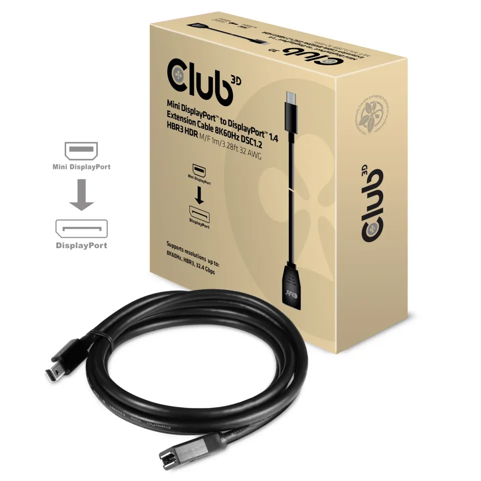 Club3D Prodlužovací kabel Mini DisplayPort 1.4 na DisplayPort 8K 60Hz DSC 1.2 HBR3 HDR Bidirectional (M/F), 1m