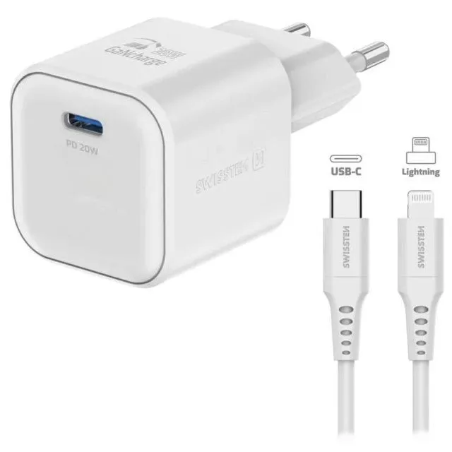 Swissten síťový adaptér gan 1x usb-c 20w power delivery bílý + datový kabel usb-c/lightning 1,2 m bílý