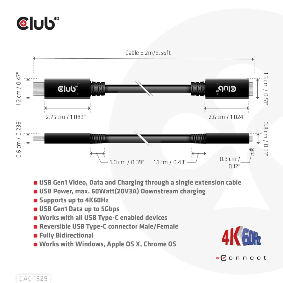 Club3D Prodlužovací kabel USB-C, 5Gbps 60W(20V/3A), 4K 60Hz (M/F), 2m