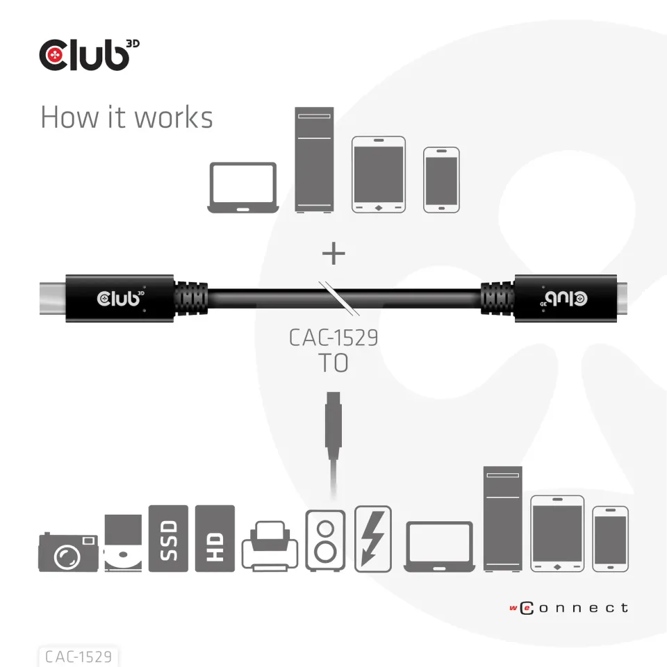 Club3D Prodlužovací kabel USB-C, 5Gbps 60W(20V/3A), 4K 60Hz (M/F), 2m
